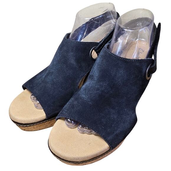 Clarks Women's Giselle Sea Nubuck Suede Wedge Sandals Cork Black 7.5 W Excellent - Picture 1 of 8